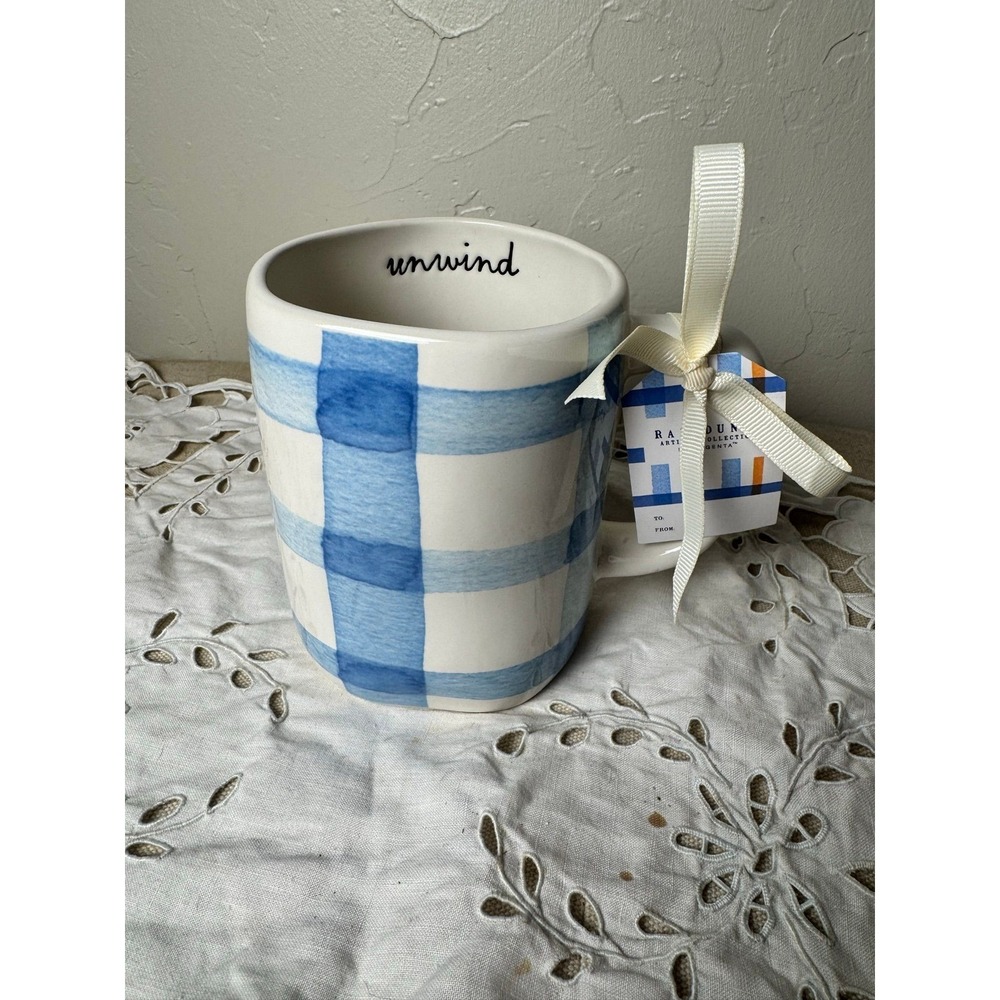 Rae Dunn blue gingham UNWIND coffee mug plaid